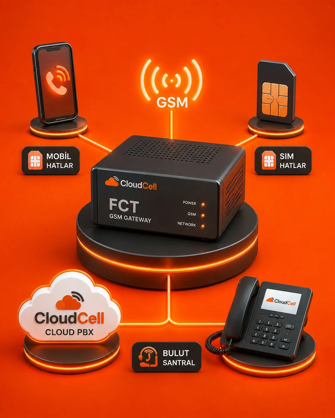 CloudCell IP FCT GSM ağ geçidi, mobil hat ve bulut santral bağlantısı