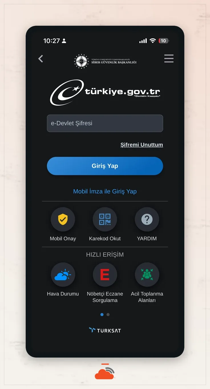 e-Devlet Kapısı mobil uygulamasının giriş ekranı
