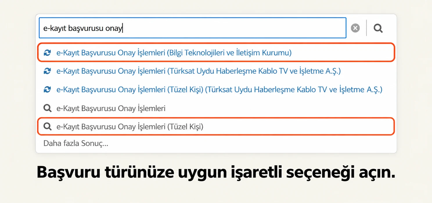 e-Devlet arama kutusunda e-Kayıt Başvurusu Onay İşlemleri sonuçları